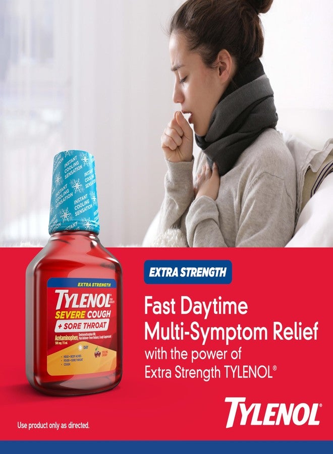 Tylenol Extra Strength Severe Cough + Sore Throat Daytime, Multi Symptom Cold Relief Liquid, Acetaminophen Pain Reliever & Dextromethorphan HBr Cough Suppressant, Cooling Cherry, 8 fl. oz - Image 5